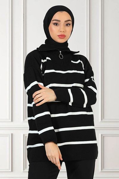 Giyim Gezegeni Collar Zippered Striped Knitwear Women's Sweater