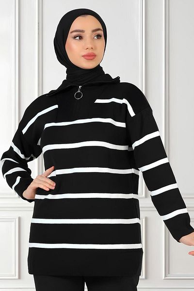 Giyim Gezegeni Collar Zippered Striped Knitwear Women's Sweater