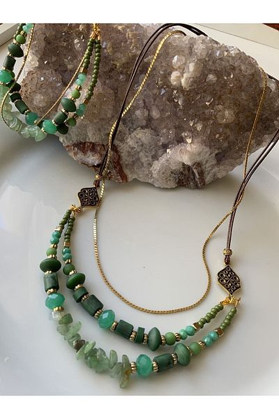 azra takı tasarım Authentic Short Women's Necklace and Bracelet Set with Crystal and Broken Natural Stone