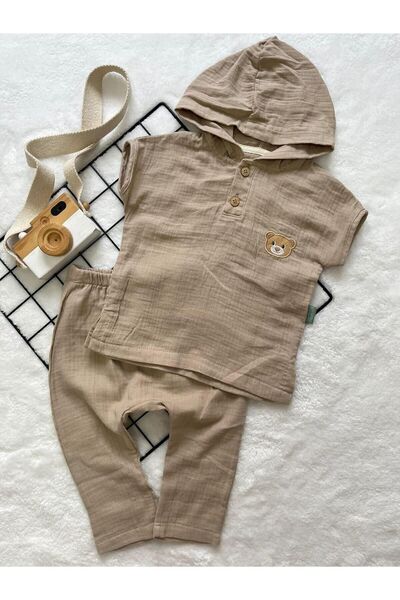 MeaShop Hooded Organic Muslin Fabric Baby Set