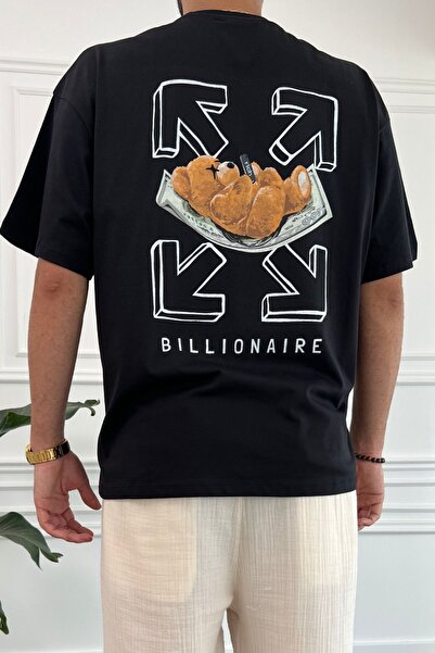 DK DAKSEL تي شيرت أسود فضفاض مطبوع عليه دمية دب كبير الحجم للرجال