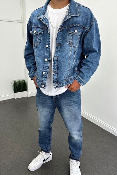 Genel Markalar Oversize Mavi Eskitme Taşlamalı Denim Ceket