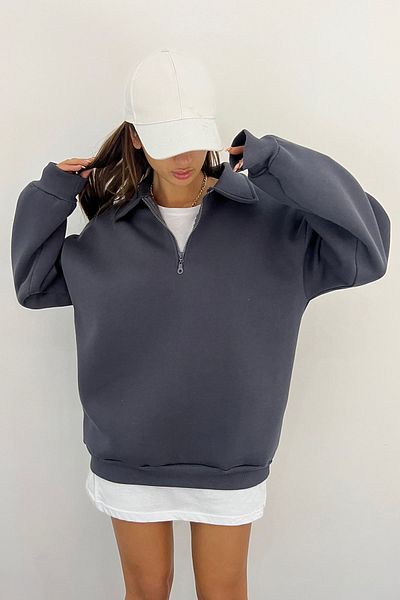 Sun Victoria Γυναικείο φούτερ με λαιμό ανθρακί Polo Oversize με 3 κλωστές