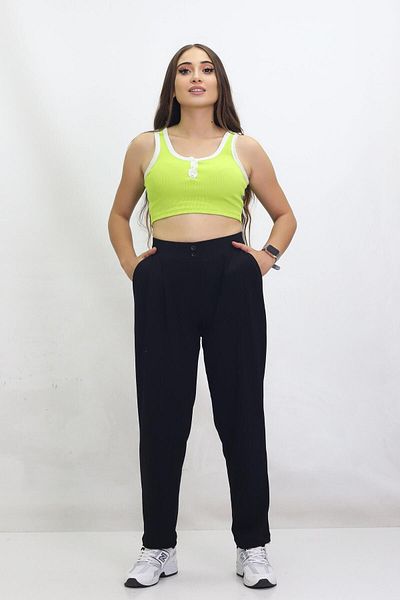 Kamex Women's Flexible Lycra Pants - Black with Button Pocket Detail