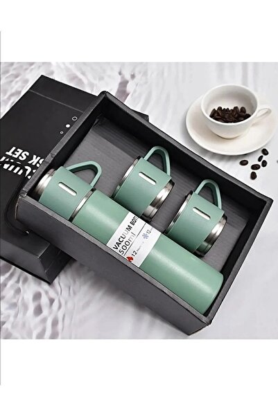 sheriffs Paslanmaz Çelik 3 Bardaklı Yeşil Renk Termos Seti / Çay Kahve Piknik Kamp Ofis Seyehat