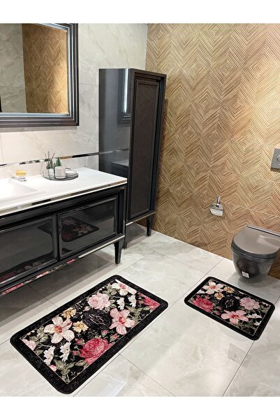 Brillant 2 li Çiçek Desenli 60x100 - 60x50 Beauty Lateks Taban Banyo Paspas