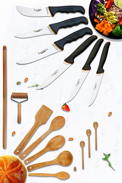 LAZBİSA Platinum Series - Kitchen Knife and Wooden Board Set (16 Pieces)