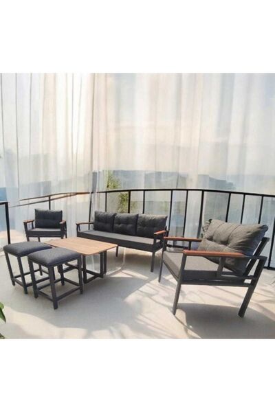 Pimango Pi Elize Bahçe Ve Balkon Mobilyası 3 1 1 Sehpalı Ve Antrasit 2 Puflu