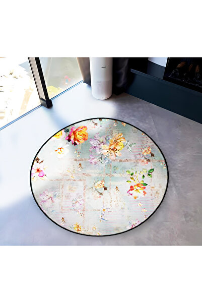 Rugs Modern Halı Gray Themed Floral Patterned Round Woven Base Vintage Decora...