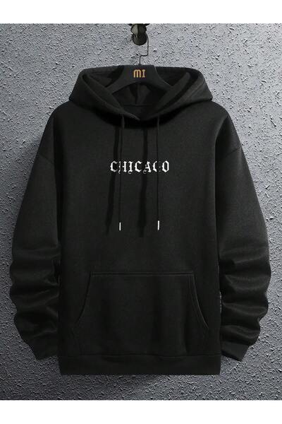aynewmoda Chikago Printed Black Oversize Hooded Sweatshirt