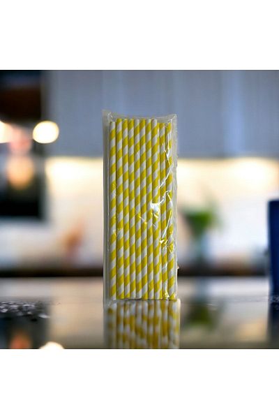 Krm Ambalaj 6*20 cm Yellow White Striped Paper Straws, 25 Pieces