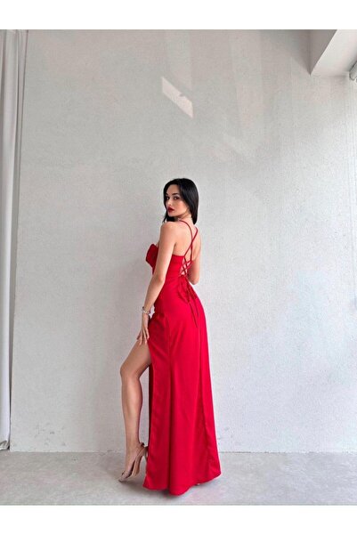 munora butik Korse Formlu Sırt Dekolteli Midi Kırmızı Elbise