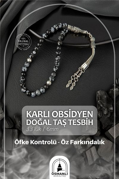 OSMANLI DOĞAL TAŞ Snowy Obsidian Natural Stone Rosary 33 Pieces - 6mm
