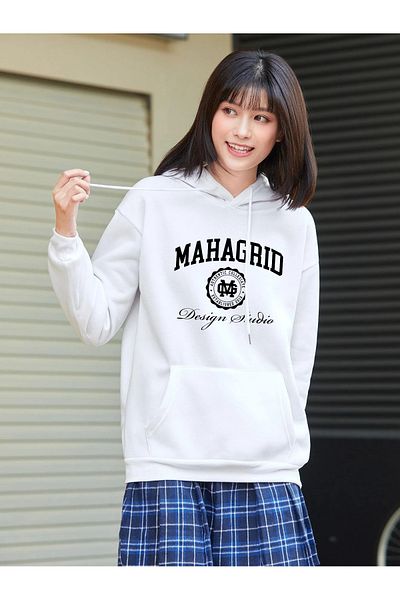 aynewmoda Hanorac alb cu glugă supradimensionat cu imprimeu MAHAGRID