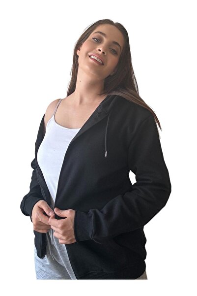 Entropy Siyah Kadın Kanguru Cepli Kapüşonlu Fermuarlı İçi Polarlı Sweatshirt
