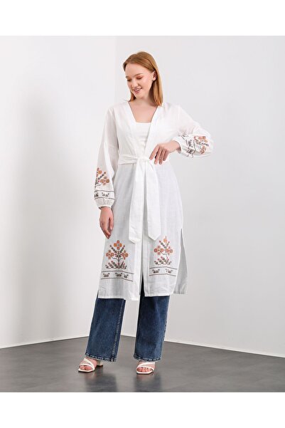 ANTERİ Kadın Kuşaklı Kimono Kaftan - Keten Kumaş Makine Nakış Işlemeli