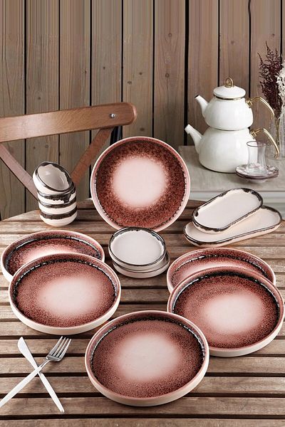 Kitchen Life 14 Piece Volcanic Breakfast Set for 6 People - Bright Color, Stackable Presentation Plate Rgb