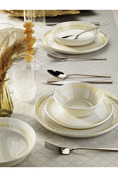 NESS HOME 24 Parça 6 Kişilik Altın Işığı Çiçeği New Bone Porselen Yemek Takım...