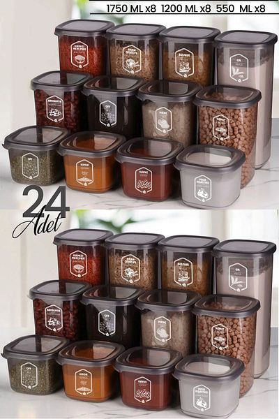 Kitchen Life 24-Piece Labeled Square Food Storage Container Set x8 (550ml-1200ml-1750ml) Jar with Hard Lid