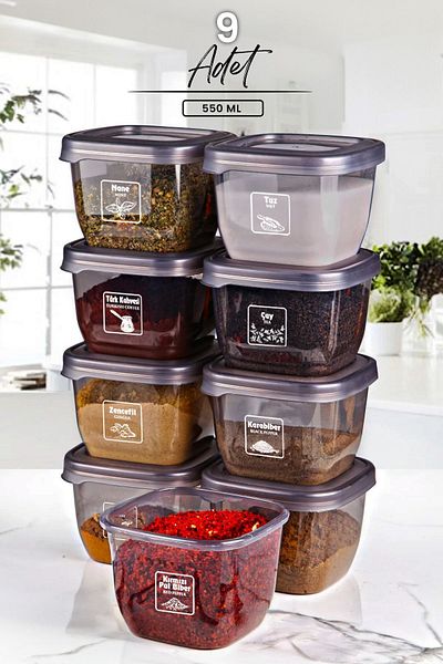 Kitchen Life 9-Piece Labeled Boly Square Storage Container Set 550ml