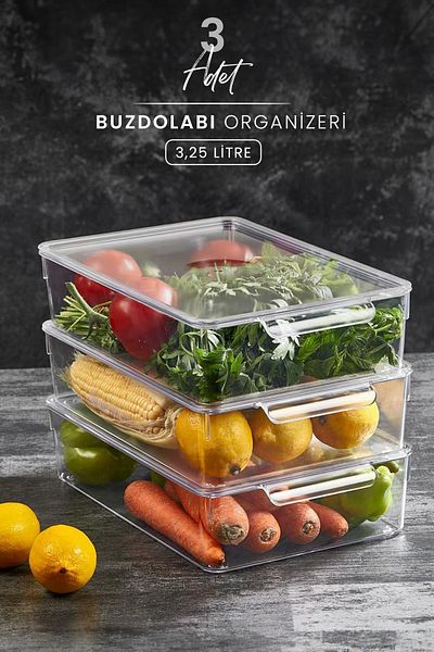 Kitchen Life 3-Piece Refrigerator with Airtight Lid - 3.25 Lt Organizer, Vegetable and Fruit Storage Container