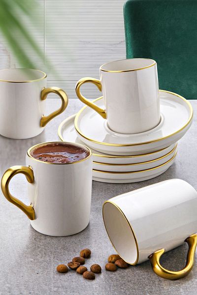 NESS HOME 12 Pieces Miray Gold Gilded Coffee Cup Set for 6 People - 105ml