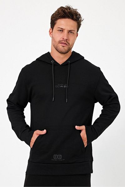 CLIPMAN Men's Black Printed Regular Fit Hooded Sweatshirt