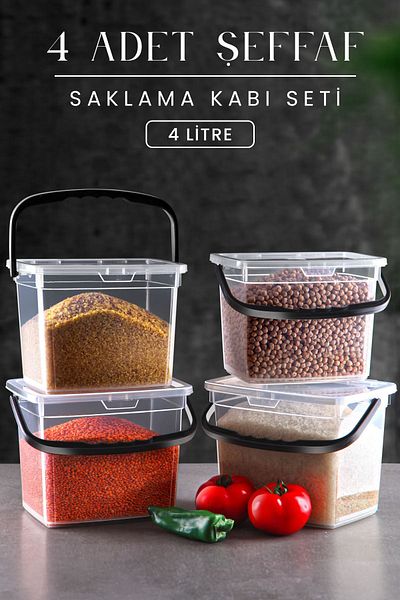 Kitchen Life 4-Piece Mega Size Square Flour Pulses Set - 4 Liter Detergent Holder Storage Box with Handle