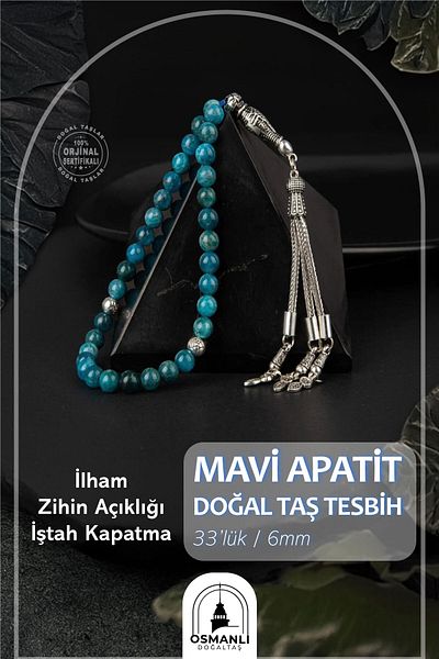 OSMANLI DOĞAL TAŞ 6mm Blue Apatite Natural Stone Tasbih - 33buc