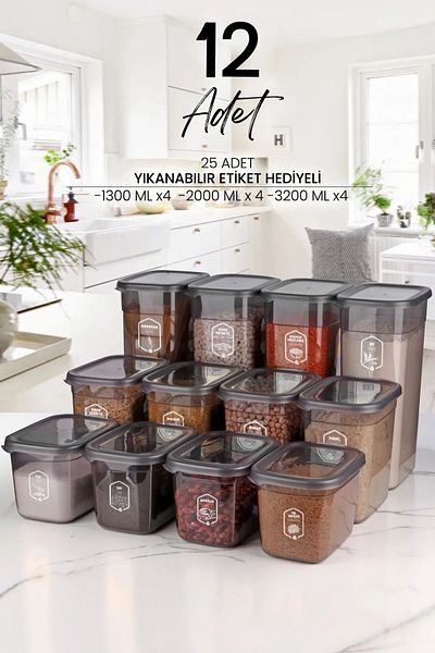 Kitchen Life 12-Piece Labeled Moly Rectangular Food Storage Container Set X4(1300ML-2000ML-3200ML) Wide - Hard Lid