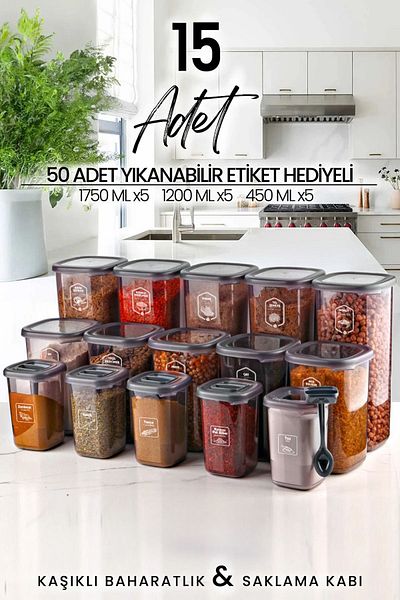 NESS HOME 15-Piece Labeled Square Food Storage Container and Spice Bowl Set with Spoon - (1750ML 1200ML 400 ML)