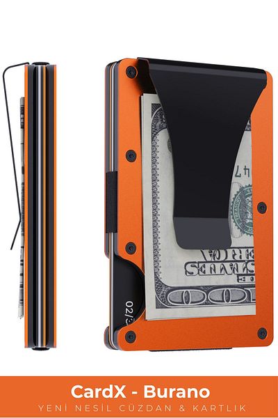 Louise Motto Cardx Burano Clips Portofel și suport pentru carduri de nouă generație - Portofel minimalist din metal - Protecție RFID (ORANGE)