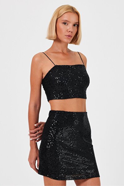 soBasic Sequin and Flexible Fabric Lined Crop Bustier with String Straps - Black