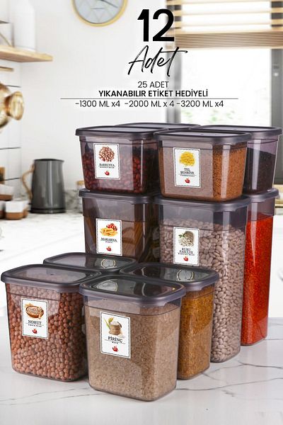Kitchen Life 12-Piece Labeled Moly Rectangular Food Storage Container Set X4(1300ML-2000ML-3200ML) Wide - Hard Lid