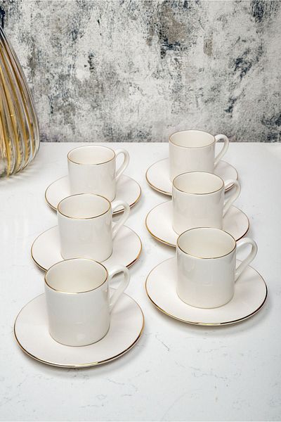 Kitchen Life 12 Pieces Coffee Cup Set with Gold Edge for 6 People - Gold Gilded Coffee Cup Set