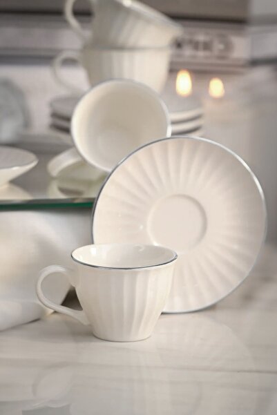 Kitchen Life Σετ φλιτζάνι καφέ 12 τεμαχίων για 6 άτομα με απλές ρίγες τριαντάφυλλου και επιχρυσωμένο ασήμι - Σετ φλιτζάνι καφέ