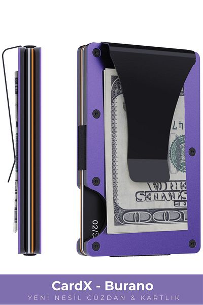 Louise Motto Cardx - Burano Clips - New Generation Minimalist Wallet & Metal Card Holder - Rfid Protection - Unisex (PURPLE)