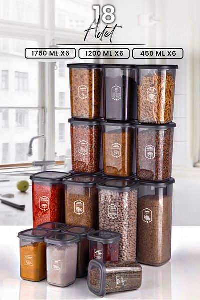 Kitchen Life Modernity Square Food Storage Container Set of 18 with Labels (1750ml x6- 1200ml x6 - 450ml x6) Spice Bowl