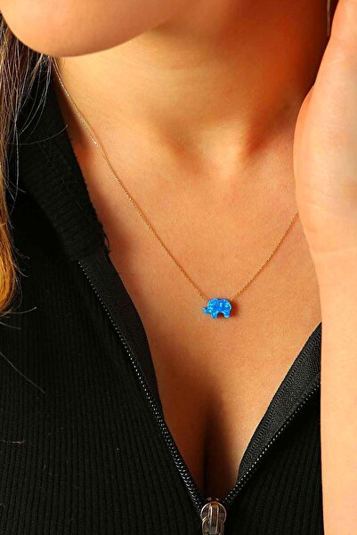 MOOM MÜCEVHERAT 14 Ayar Altın Kolye Mavi Sedef Fil Altın Zincirli Kolye