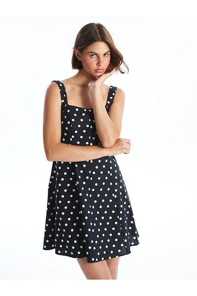 LC Waikiki Lcw Vision Poplin Women's Dress - Black Print, Square Collar and Polka Dot