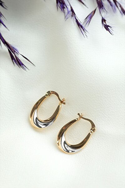 MOOM MÜCEVHERAT Kadın 14 Ayar Altın 2 Renk Sarı Beyaz Halka Küpe