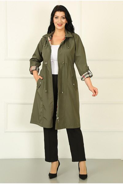 By Alba Collection Γυναικεία καμπαρντίνα Χακί Μακριά Καρό Λεπτομέρεια Plus Size
