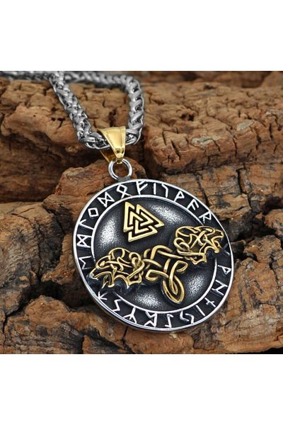 Viking Valknut Norse Power Symbol Back & Freki Design 316l Steel Double Sided Necklace