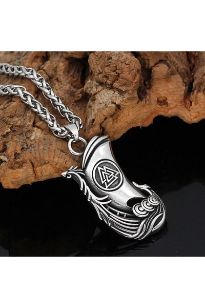 Viking Oseberg Ship Design Gokstad 316l Necklace with Norse Valknut Symbol