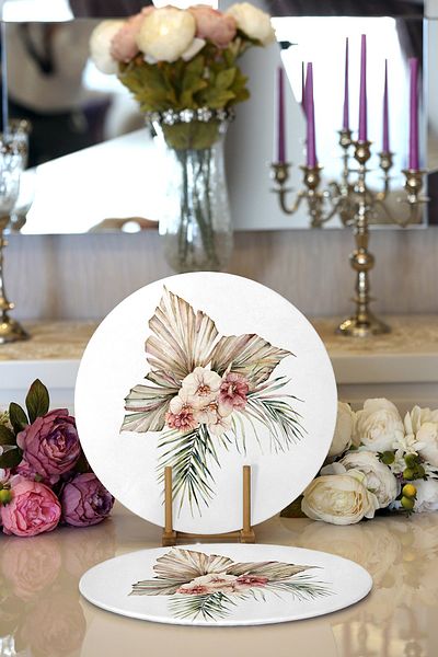 Realhomes 2-Piece Exotic Leaf Design Digital Printed Decorative Round Plate & Placemat