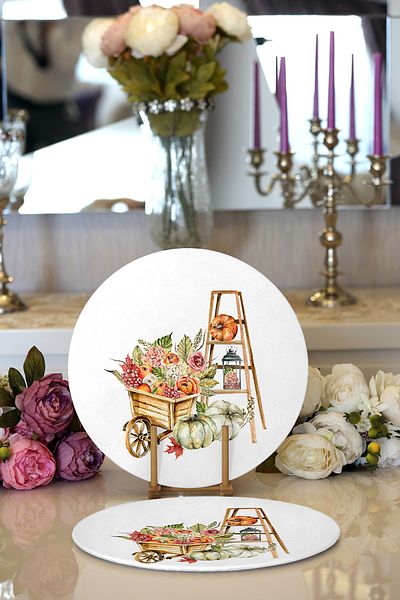 Realhomes 2-Piece Wheelbarrow Fruit & Vegetable Drawing Digital Printed Decorative Round Charger & Placemat
