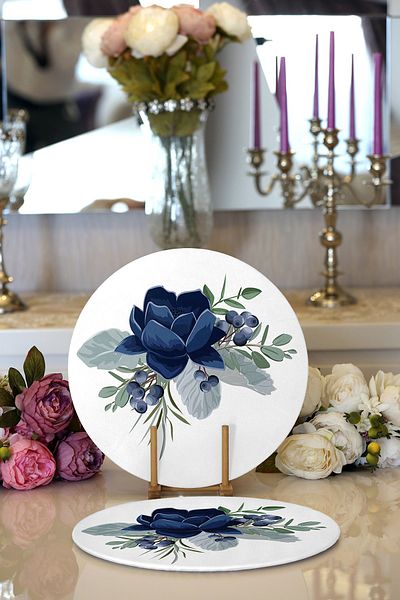 Realhomes 2-Piece Pastel Blue Rose Patterned Digital Printed Decorative Round Plate & Placemat
