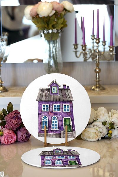 Realhomes 2-Piece Miniature Purple House Drawing Digital Printed Modern Round Plate & Placemat