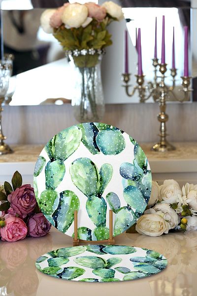 Realhomes 2-Piece Cactus Special Designed Digital Printed Decorative Round Plate & Placemat