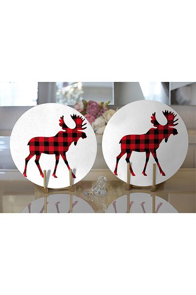 Realhomes 2-Piece Plaid Deer Design Digital Printed Modern Round Plate & Placemat
